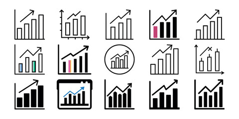 Multiple black and white bar chart icons show increasing performance and rising trends with variations in color and design styles