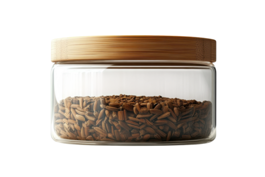 Aromatic caraway seeds in a clear glass jar with a sleek bamboo lid isolated against a black background perfect for culinary and on transparent background