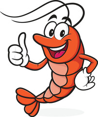 Colorful and cheerful cartoon shrimp character giving a thumbs up with a big smile. This fun and friendly mascot illustration is perfect for seafood branding, fish market logos, restaurant menus, chil