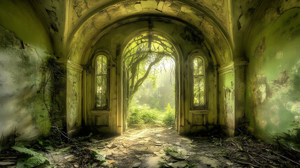 Obraz premium Overgrown entrance of a forgotten building revealing nature's persistent reclamation