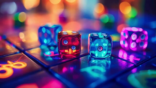 Colorful and glossy dice on a reflective, glowing game board illustration.