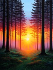 Sunrise Forest Path - A vibrant sunrise illuminates a tranquil forest path, symbolizing hope, serenity, new beginnings, nature's beauty, and spiritual awakening