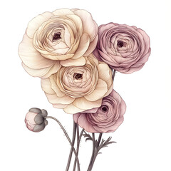 vintage ranunculus sketch with engraved pencil lines and muted rose tones antique botanical floral clip art white background