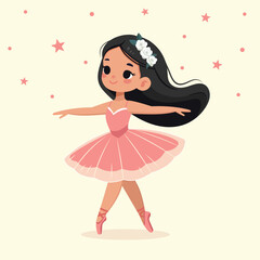 Pretty and gentle ballerina girl in dress dancing on color background. Poster, Banner, Flyer, Greeting Card. Vector illustration in flat cartoon style