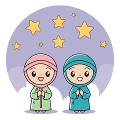 Two children in prayerful poses, night sky background