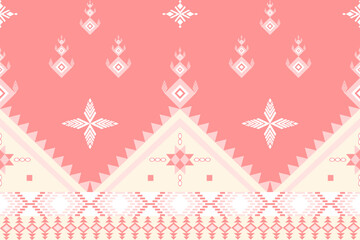 This coral-hued textile pattern features geometric star motifs, diamond shapes, and triangular borders in white.