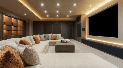 Fototapeta premium Modern home theater with cozy seating and ambient lighting (1)