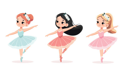 Set of different international ballerina girls in colorful dress dancing on white background. Poster, Banner, Flyer, Greeting Card. Vector illustration in flat cartoon style