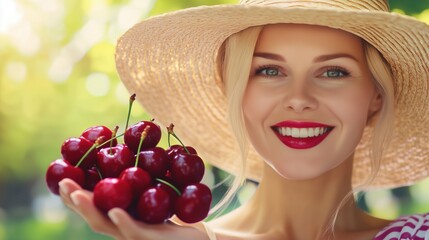 Woman holding fresh cherries smiling outdoors in summer with a straw hat and vibrant greenery background