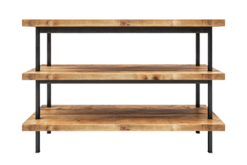 Rustic three tiered wooden shelf with black metal frame perfect for rustic home decor adds industrial farmhouse charm to any room on transparent background
