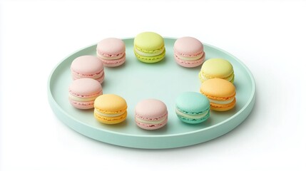 Obraz premium Colorful macaron dessert display arranged on a mint green plate with pastel hues in a bright kitchen setting
