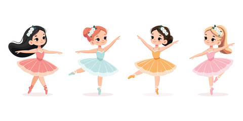 Set of different international ballerina girls in colorful dress dancing on white background. Poster, Banner, Flyer, Greeting Card. Vector illustration in flat cartoon style © Marta Vitek