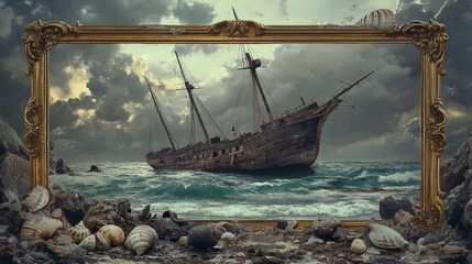 Shipwrecked Sailing Ship in Ornate Frame