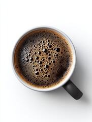 Top View of Isolated Mug of Hot Black Coffee - Aromatic black coffee, morning energy, caffeine boost, hot beverage, dark roasted beans