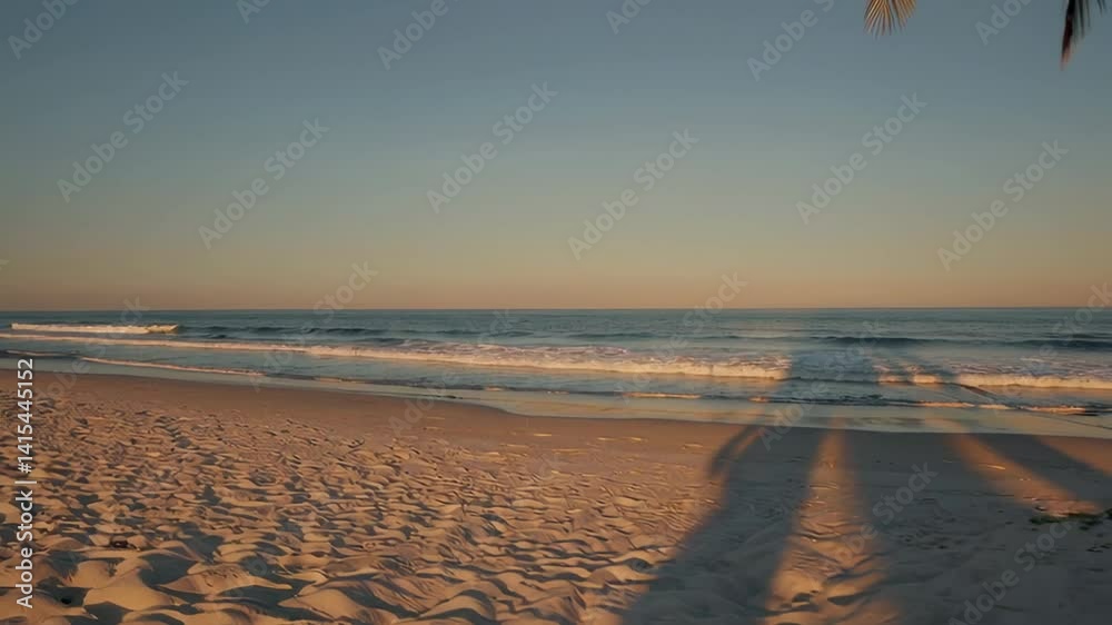 Aufkleber golden hour sunlight casts long shadows of a palm tree and a person on a pristine sandy beach, with 