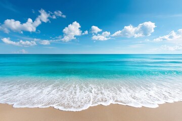 Fototapeta premium Tropical Beach Panorama: Seascape Serenity - Tranquil ocean waves gently caress the sandy shore under a vibrant blue sky. Symbolising peace, escape, summer, paradise, and relaxation