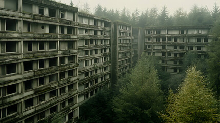 Eerie Abandoned Buildings Reclaimed by Nature in a Forested Landscape