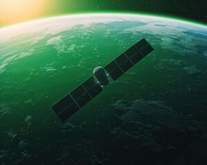 Fototapeta premium Solarpowered satellite orbiting a lush green planet, space tech for sustainability