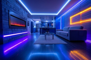 Vibrant AI Smart Home Living Space Design - Futuristic living room, LED lighting, modern fireplace, AI-controlled ambiance, tech-integrated comfort. Symbolizing innovation, technology, relaxation
