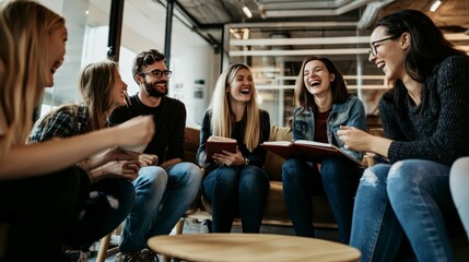 Diverse Group of Coworkers Laughing Together in Modern Office Lounge