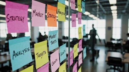 Colorful sticky notes on a glass wall display key business concepts such as strategy, market, analysis, targets, and growth, reflecting a dynamic and collaborative work environment