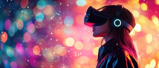 Fototapeta premium Immersive VR Experience: Woman Exploring Virtual Reality with Headset