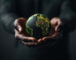 Fototapeta premium Hands holding a digital green hologram Earth, futuristic ecoconscious design