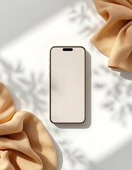 Iphone 16 Mockup Display on White Surface with Cloth and Shadow