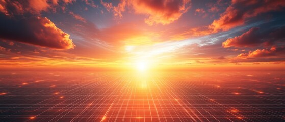 Naklejka premium Vibrant sunset over ocean with grid pattern reflection