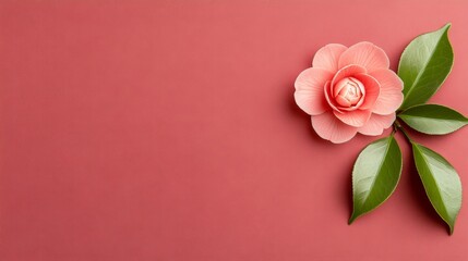 Fototapeta premium Vibrant camellia blossom with rich pink and red tones, nestled among glossy green leaves, against a deep crimson fabric backdrop.