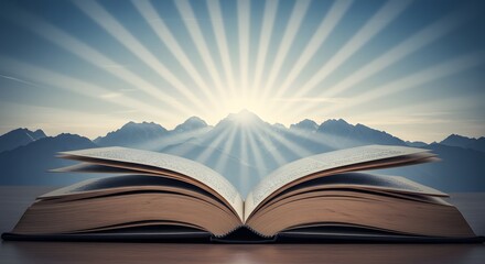 Open Book Against Mountain Range at Sunrise Reading Concept