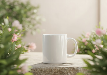 White Mug Mockup on Stone Surface with Floral Background