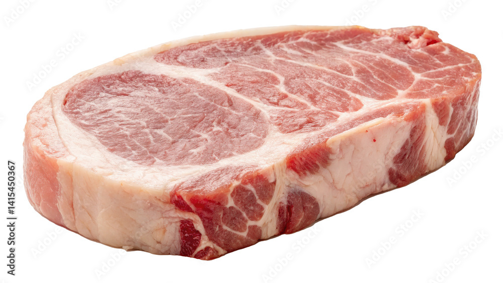 Poster raw pork chop with visible fat edge and marbled texture is displayed, showcasing its fresh and uncoo