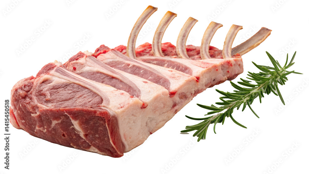 Poster raw lamb rack with exposed bones is displayed alongside sprig of fresh rosemary, showcasing butcher 