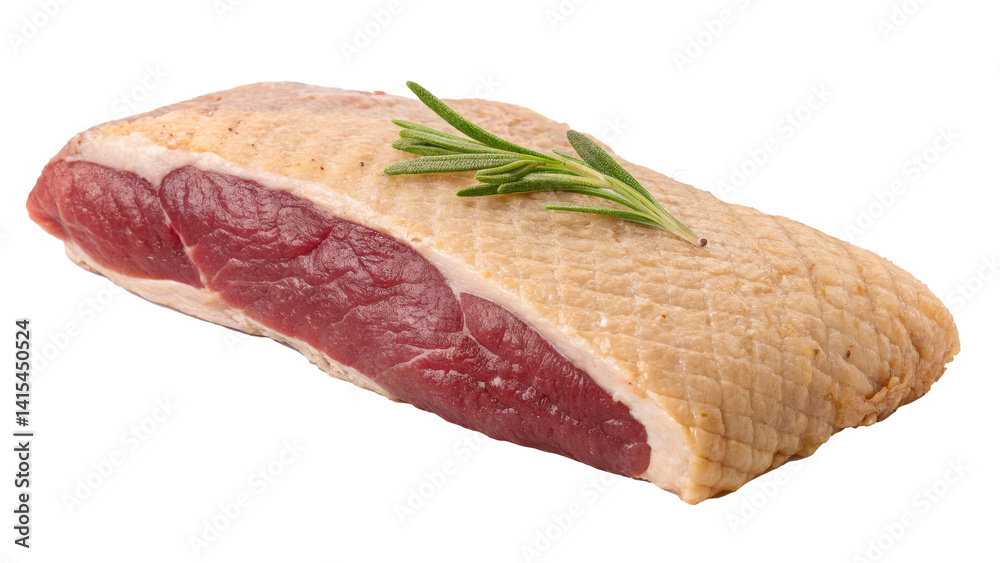 Poster raw duck breast with skin on and visible fat is garnished with sprig of rosemary, showcasing fresh a