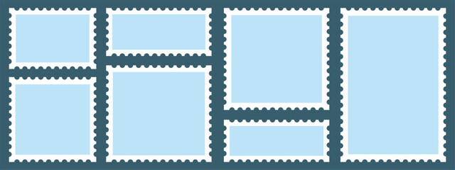 Set of blank rectangle and square Postage stamp frames. Postage stamp vector icons. Postage stamp set. Mockup postage stamps. Blank postage stamp borders templates.