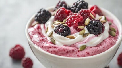 Plant-based cuisine vegetables dairy-free Delicious yogurt topped with berries and seeds in a white bowl.