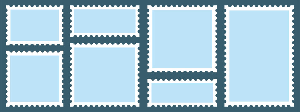 Set of blank rectangle and square Postage stamp frames. Postage stamp vector icons. Postage stamp set. Mockup postage stamps. Blank postage stamp borders templates.
