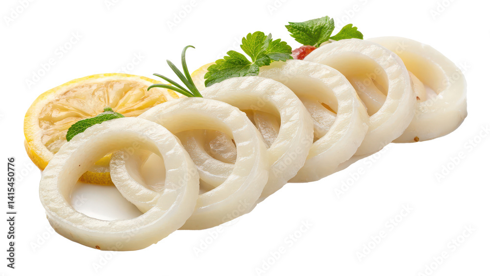 Poster raw squid rings arranged with lemon slices and fresh herbs, ready for frying. presentation is clean 