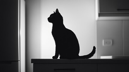 Silhouette of a black cat sitting on a countertop, mysterious pet, Halloween ambiance, tranquil domestic scene