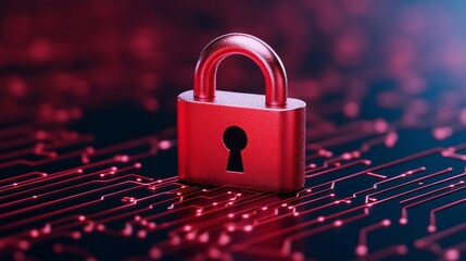 Red padlock on digital circuit background, symbolizing cybersecurity, data protection, secure online transactions, and Safer Internet Day