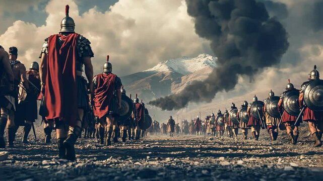 Ancient Roman legionaries march across a rocky terrain towards a distant mountain.