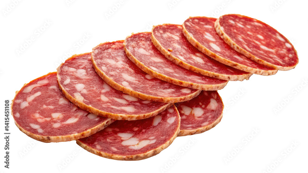 Aufkleber sliced salami arranged in overlapping layers, showcasing rich red color and marbled texture. slices 