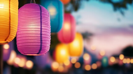 Fototapeta premium Colorful paper lanterns illuminate a vibrant outdoor festival, celebrating Mid-Autumn Festival and cultural gatherings with glowing charm