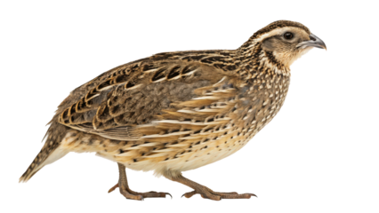 quail with intricate brown and white feather patterns stands against transparency background, showcasing its small, plump body and distinctive markings