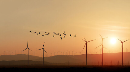Obraz premium Serene Sunset Over Wind Turbines: Captivating Renewable Energy Landscape with Silhouetted Birds and Eco-Friendly Scenery