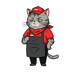 Grumpy Fast Food Cat in Red Uniform