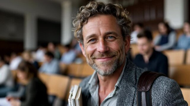 Bust-length portrait of a charismatic and approachable male university professor smiling with confidence inside a lecture hall, holding books, students blurred in background, Generative AI