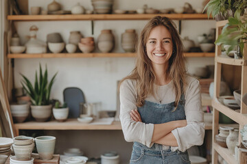 Smiling woman stands confidently in ceramic workshop with pottery