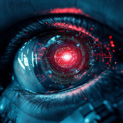 A futuristic representation of a robotic eye. Focused robot look. Abstract high tech concept. Digital or electronic technology. Generative AI. Illustration for banner, cover, brochure or presentation